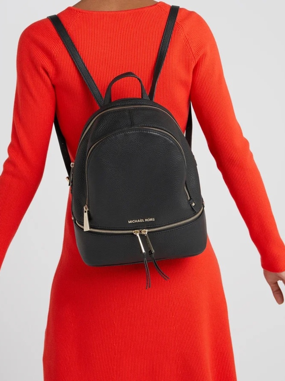 Michael Kors Rhea Black Leather Medium Backpack with Gold Hardware